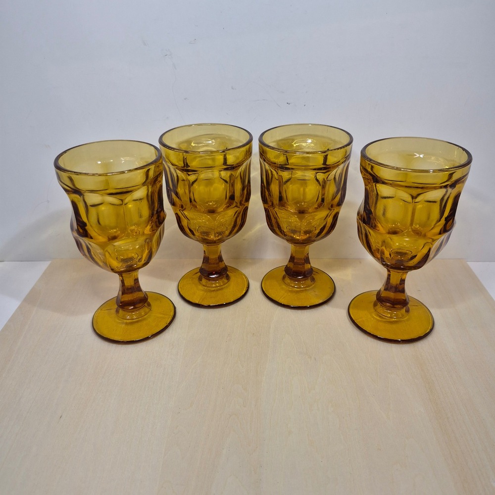 Vintage Amber Glass Goblets Thumbprint Pattern Mid Century Modern Set of 4 5.5"